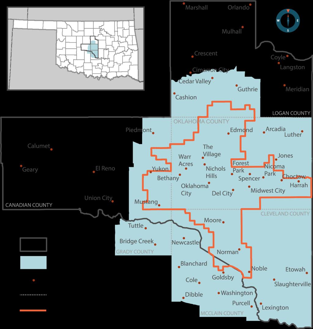 CENTRAL OKLAHOMA MPO Oklahoma City Area Regional Transportation Study (OCARTS) - Six counties (2 full, 4 partial) - 2,085 square