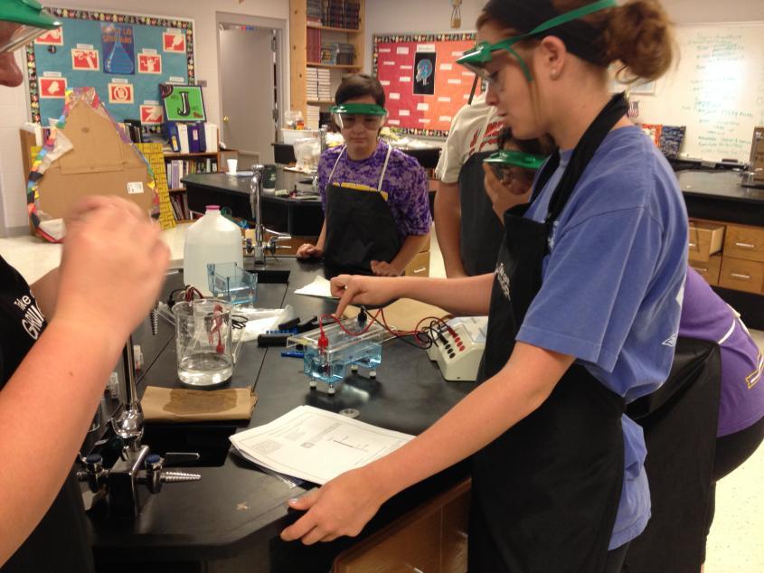 Poyen, AR, High School students work with DNA electrophoresis chambers conducting a DNA gel electrophoresis lab.