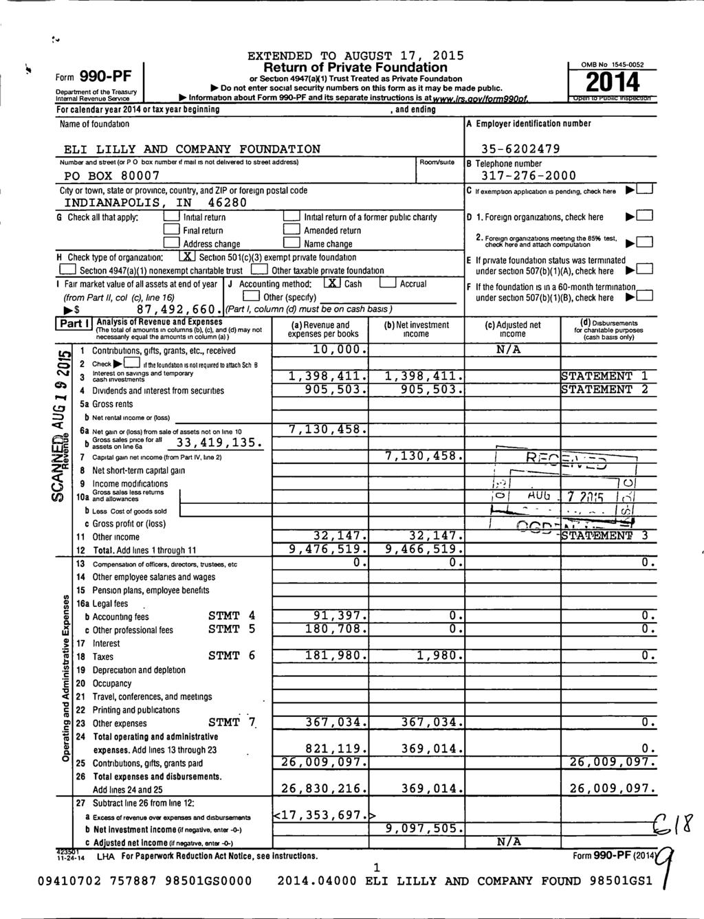 Form 990-PF Department of the Treasury Internal Revenue Service L In For calendar year 2014 or tax year beg Name of foundation EXTENDED TO AUGUST 17, 2015 Return of Private Foundation or Section 4947