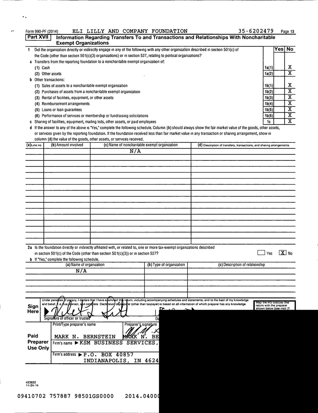 - Form990-PF(2014) ELI LILLY AND COMPANY FOUNDATION 35-6202479 Page 13 Part XVII Information Regarding Transfers To and Transactions and Relationships With Noncharitable Exempt Organizations 1 Did