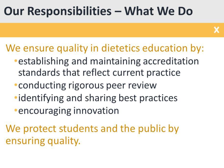 ACEND ensures quality in nutrition and dietetics education by establishing and maintaining accreditation standards that reflect current practice, conducting rigorous peer