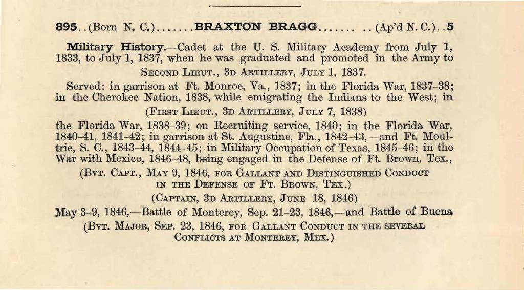 895..(Born N. C.)...BRAXTON BRAGG........ (Ap'd N. C.)..5 Military History.~Cadet at the U. S.