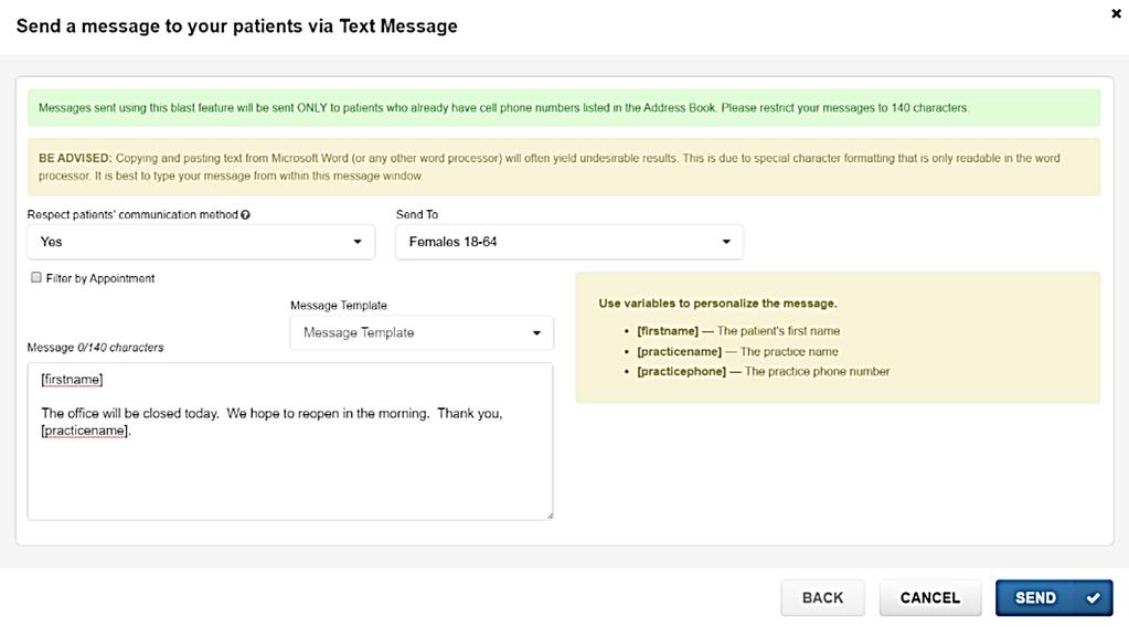 Blast Messaging Setup Pre-configured Lists provided for practices to use such as: today s birthdays,