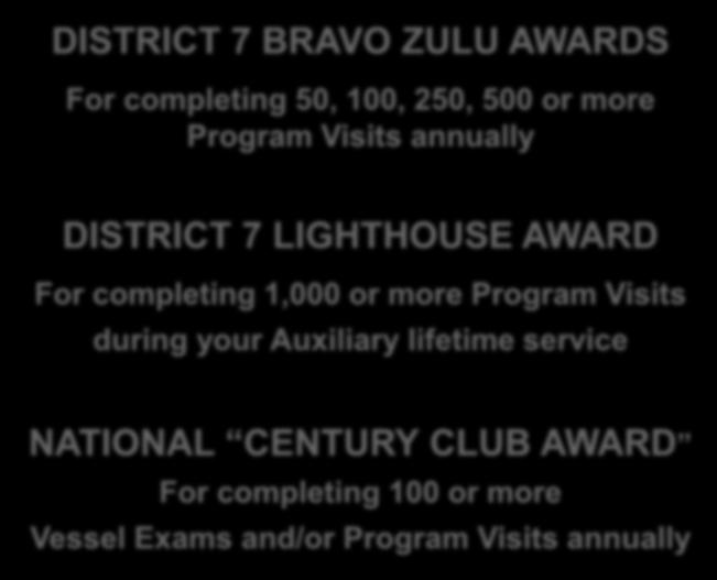 Awards and Recognition DISTRICT 7 BRAVO ZULU AWARDS For completing 50, 100, 250, 500 or more Program Visits annually DISTRICT 7 LIGHTHOUSE AWARD For completing