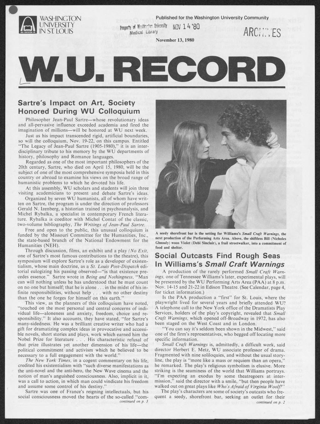 WASHINGTON UNIVERSITY i IN ST LOUIS Published for the Washington University Community Property of ft**! u * rsit * NOV 1 ^ '80 Medical Ubrary November 13,1980 ARCfrVES W.