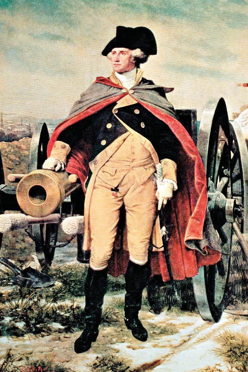 George Washington stands atop Dorchester Heights with one of the cannon batteries that forced the British to evacuate Boston in March 1776.