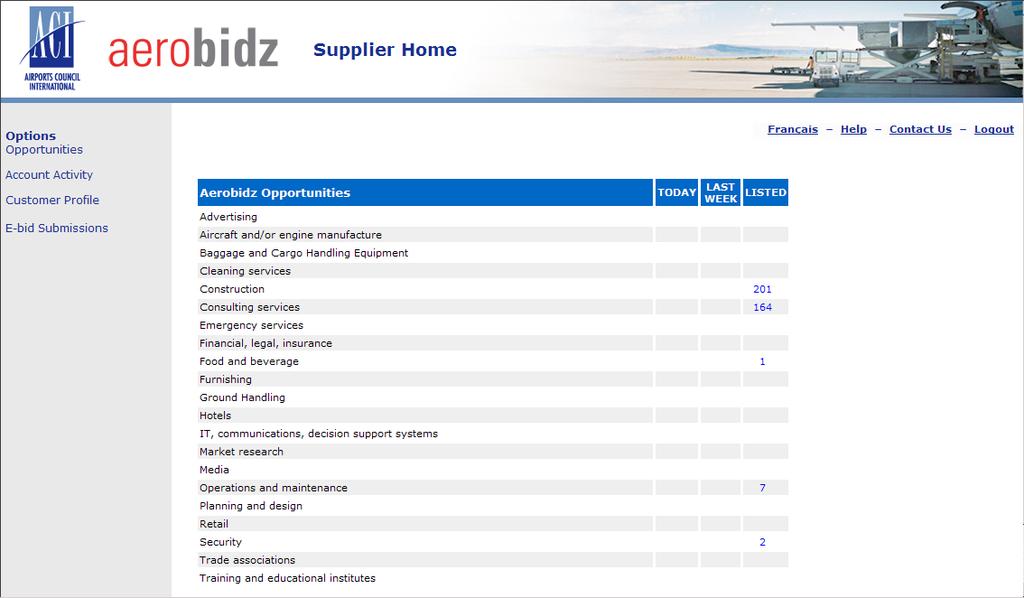 5 Using E-bid Submission 5.1 Supplier Home Upon login, you are presented the Supplier Home screen. In this screen there is a link in the left-hand menu called E-bid Submissions.