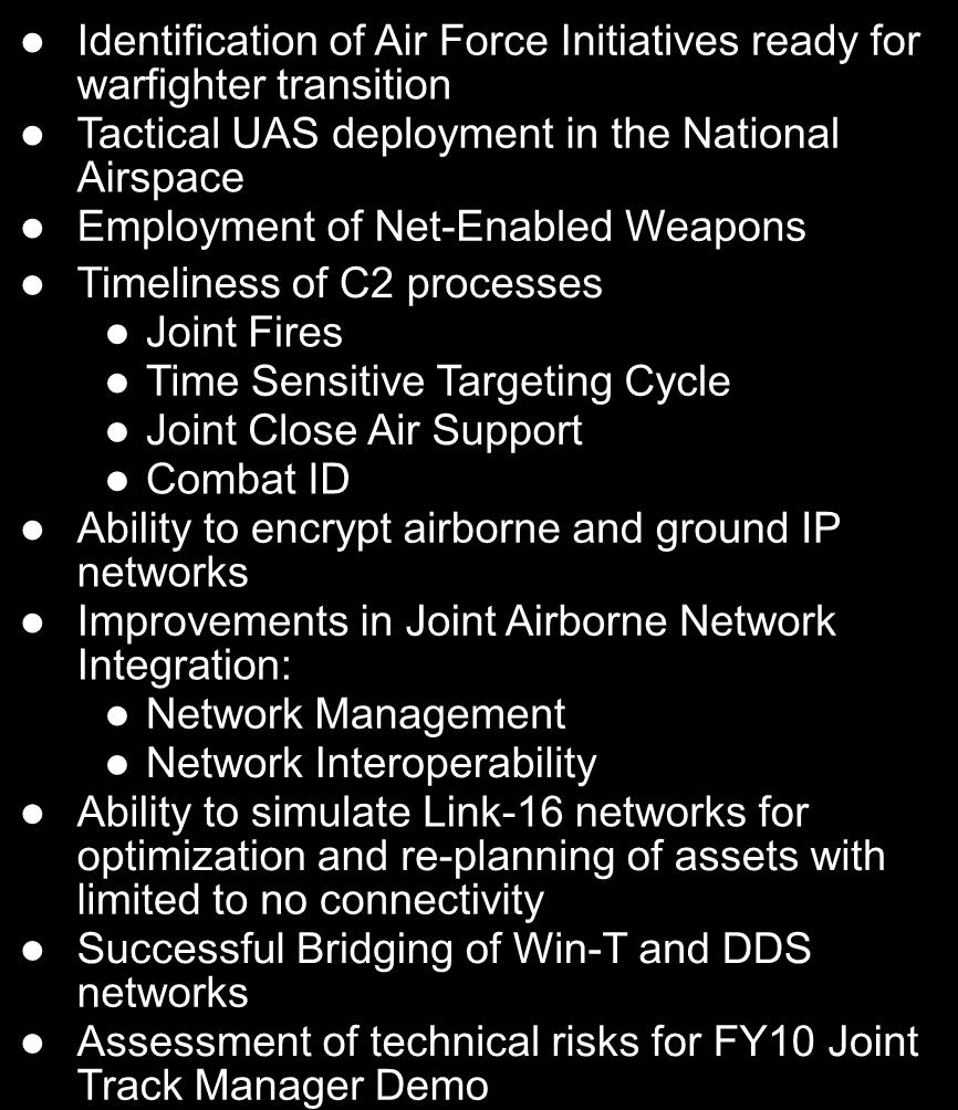 of Air Force Initiatives ready for warfighter transition Tactical UAS deployment in the National Airspace Employment of Net-Enabled Weapons Timeliness of C2 processes Joint Fires Time Sensitive