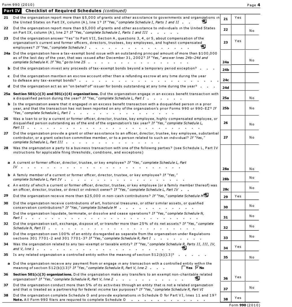 Form 990 (2010) Page 4 Li^ ChecklistofRequired Schedules (continued) 21 Did the organization report more than $5,000 of grants and other assistance to governments and organizations in 21 Yes the