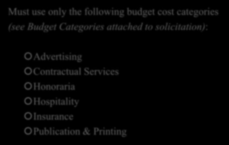 Budget Categories Must use only the following budget cost