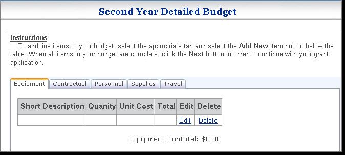 1. By default, the First Year Detailed Budget page opens to the Equipment tab. 2. Click the Add New Equipment Budget Item link below the table. 3. Enter a description, quantity, and unit cost.