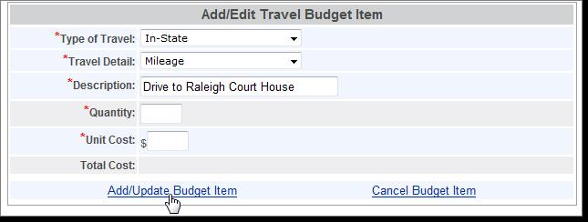 Select the type of travel and travel detail. Next, enter the quantity and unit cost.
