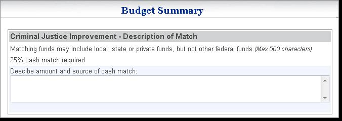 11 Budget Summary The Budget Summary page contains an overview of the budget and requires users to enter an explanation of how they plan to provide match funds.