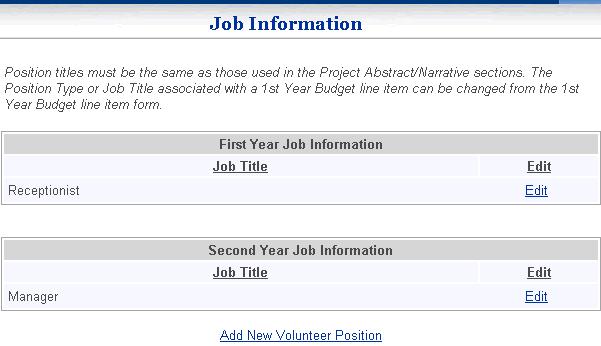 12 Job Information The Job Information page contains the budget items where job information was required and provides the ability to add volunteer job information that are not related to a budget