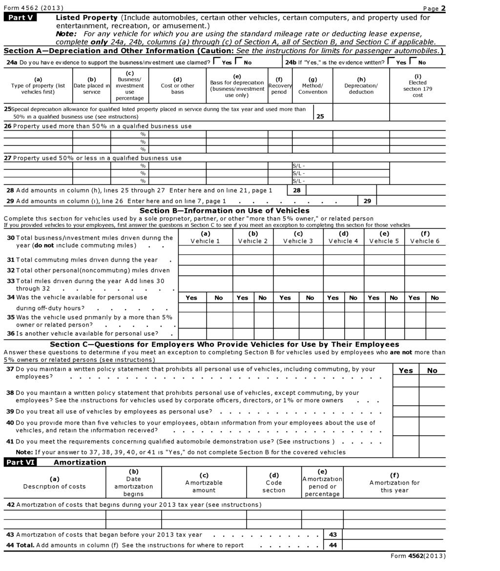 Form 4562 (2013) Pge 2 Listed Property (Include utomobiies, certin other vehicles, certin computers, nd property used for entertinment, recretion, or musement.