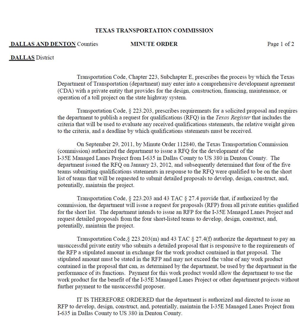 Texas Department of Transportation Exhibit G Request for ProposalsRFP Addendum 1 IH 35E
