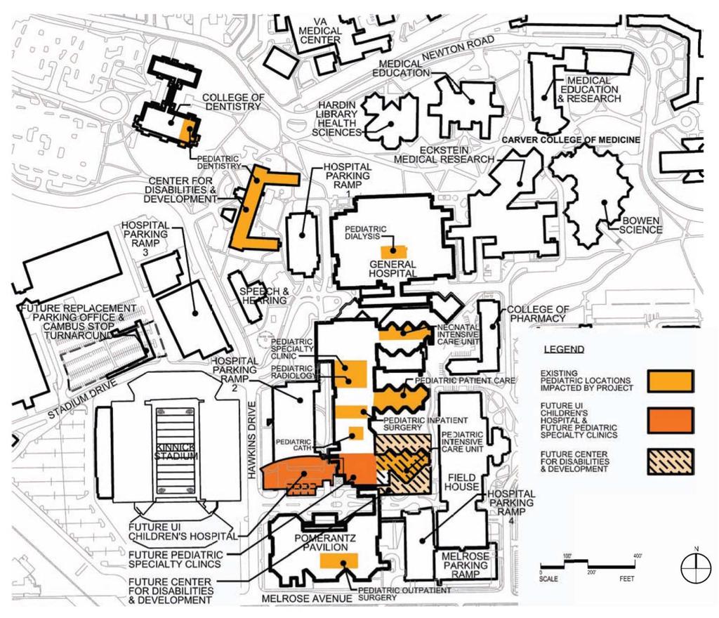 UI Children s Hospital Has Unique Challenges: Services Dispersed Throughout Campus Existing Pediatric Facilities on Campus This diagram shows the existing locations of pediatric care