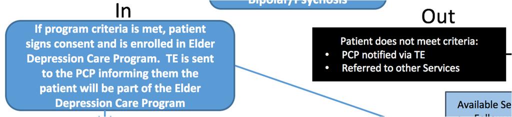 IN/OUT Clinical Care Manager determines if the patient meets inclusion criteria IN Patient meets criteria: Patient signs consent Is enrolled in Elder Depression Care Program!
