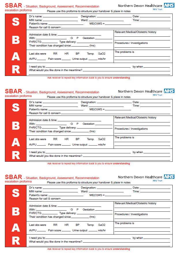Appendix 1 SBAR Situation, Background, Assessment and