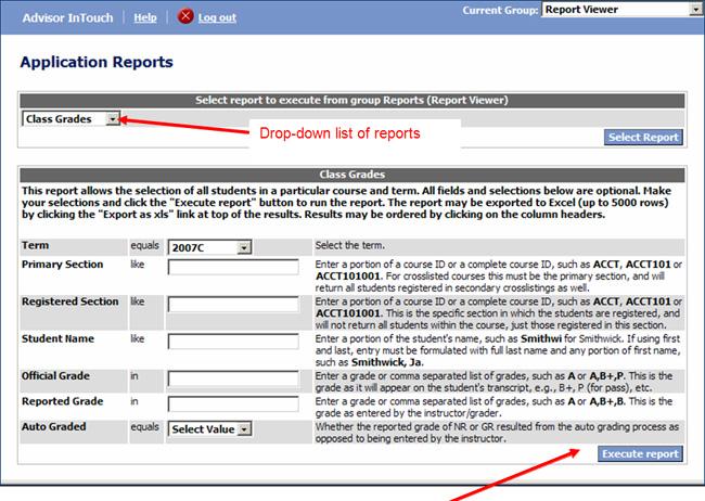 When report values have been entered, and the [Execute report] button is selected, the results are displayed as a sortable grid, with paging.