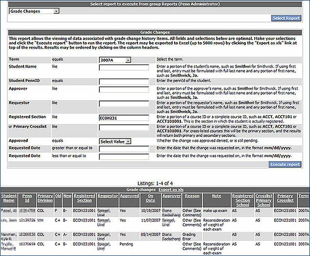 Grade Change Report The Grade Change report provides users ability to search/filter information regarding grade changes.