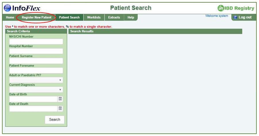 Registering a new patient Click Register New Patient button Patient Registration page opens.