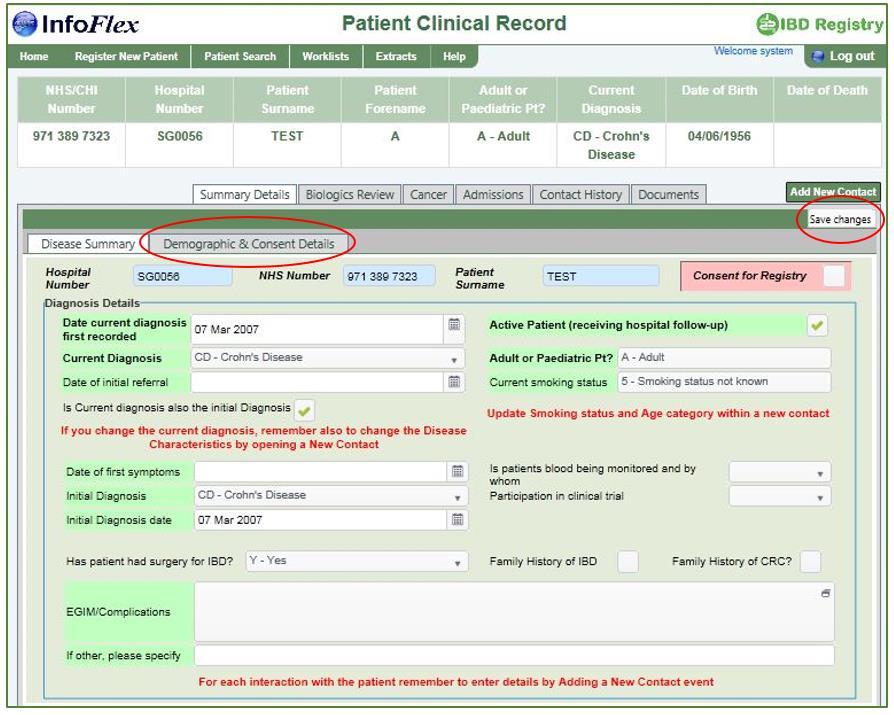 Once registered, the Patient Clinical Record opens at the Disease Summary. Enter additional details in fields on this page, as much or as little as required. Click Save changes.