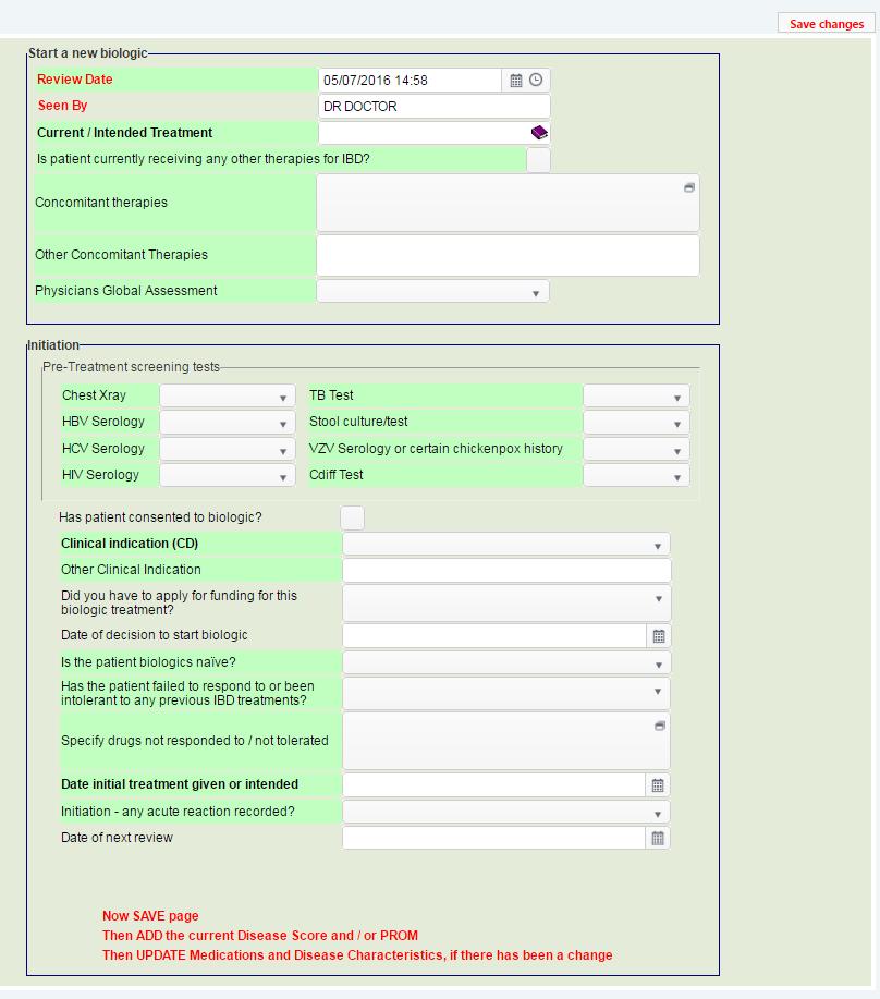 From Patient Clinical Record page, click Biologics Review tab and then select Start a New Biologic. Enter the required initiation data.