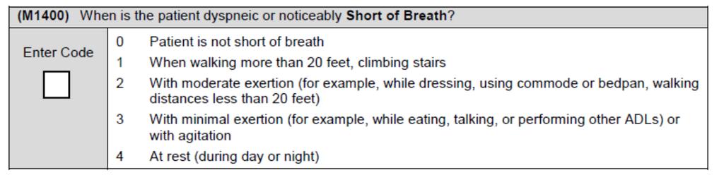 OASIS Item: Item Intent: Identifies the level of exertion/activity that results in a patient s dyspnea or shortness of breath.
