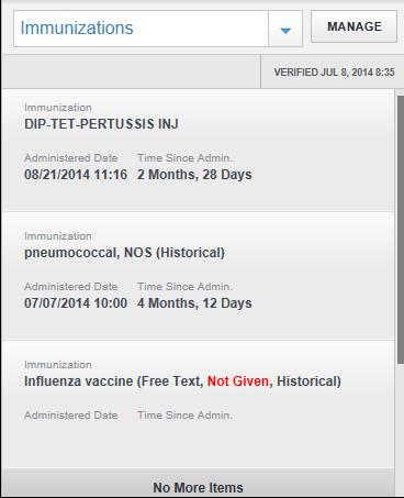 Existing active immunizations display below the Manage button Click the Manage button to open the Manage