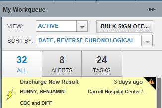 The system removes an Abnormal or Critical alert from the Patient Workqueue and My Workqueue for all who received it and replaces it with a New Result alert if the results are corrected to be normal.
