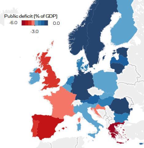 High public debt no longer limits the room for fiscal easing 14 EA countries with public debt above 60% Public deficit above