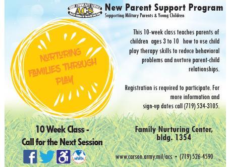 NURTURING FAMILIES THROUGH PLAY This 10-week class teaches parents of children 3-10 years of age how to use child play