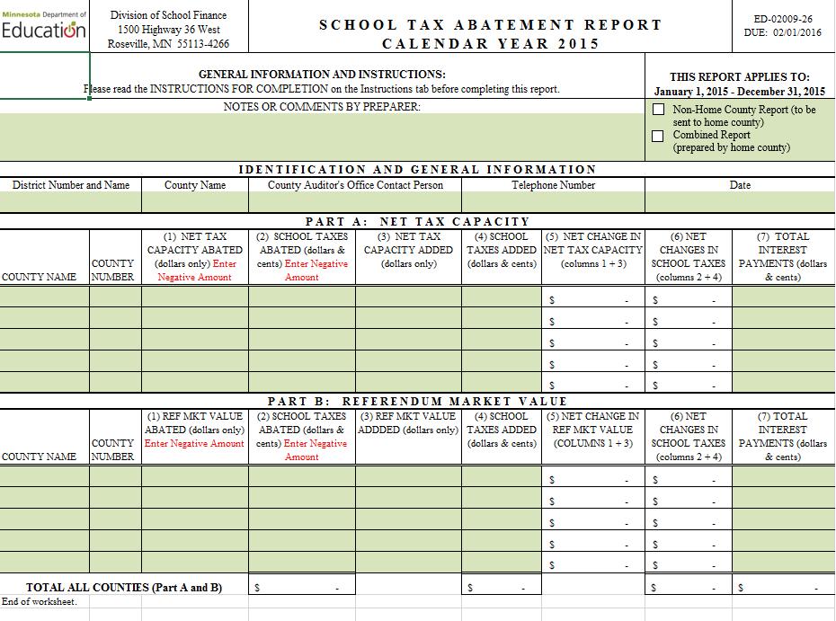 School Tax Abatement Report, Calendar