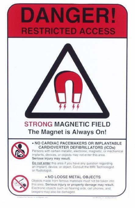 The MRI machine is a powerful super conductive magnet that uses liquid Helium to produce a magnetic field.
