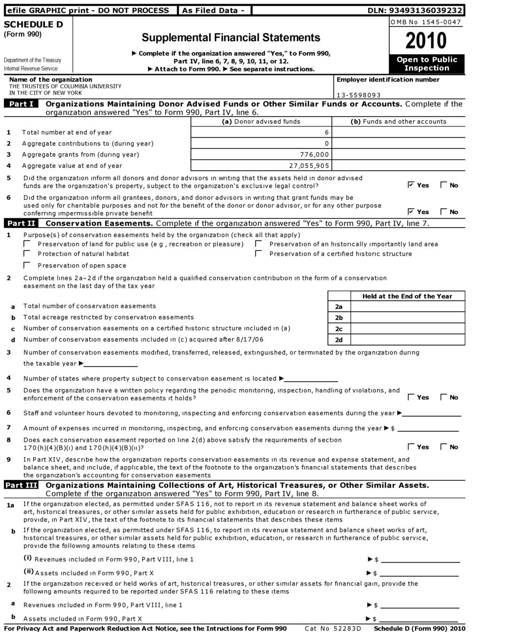 lefile GRAPHIC print - DO NOT PROCESS I As Filed Data - I DLN: 934931360392321 SCHEDULE D (Form 990) Supplemental Financial Statements OMB No 1545-0047 2010 1- Complete if the organization answered