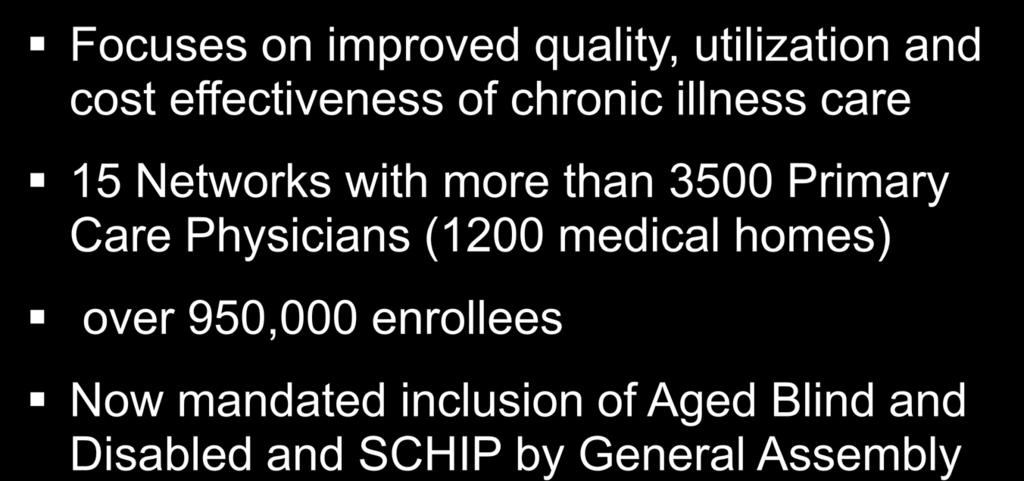 Community Care of North Carolina Now in 2008 Focuses on improved quality, utilization and cost effectiveness of chronic illness care 15 Networks with more than