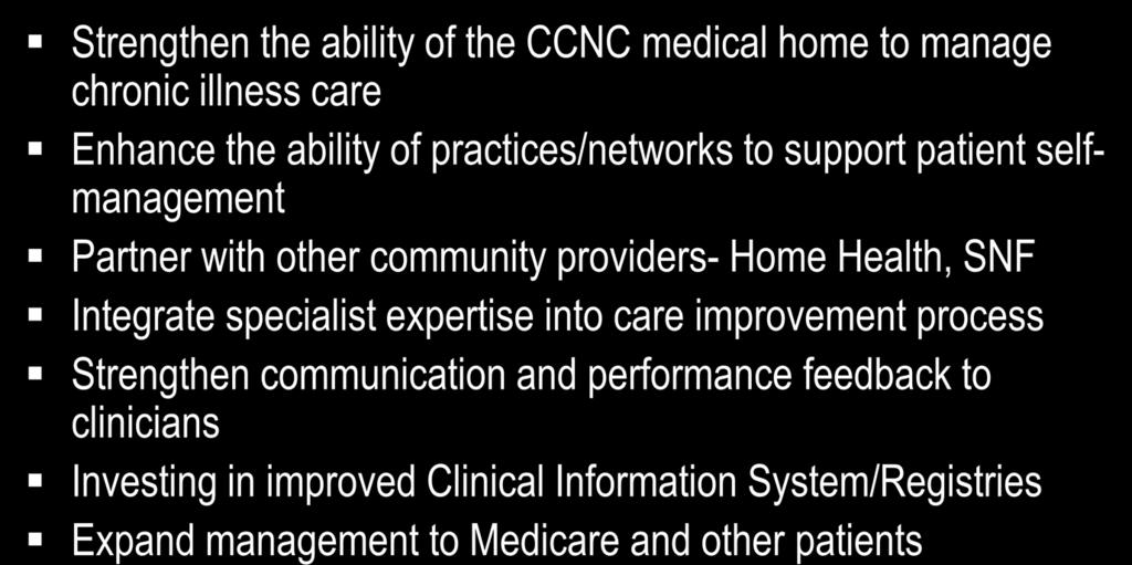 Integrate specialist expertise into care improvement process Strengthen communication and performance feedback to