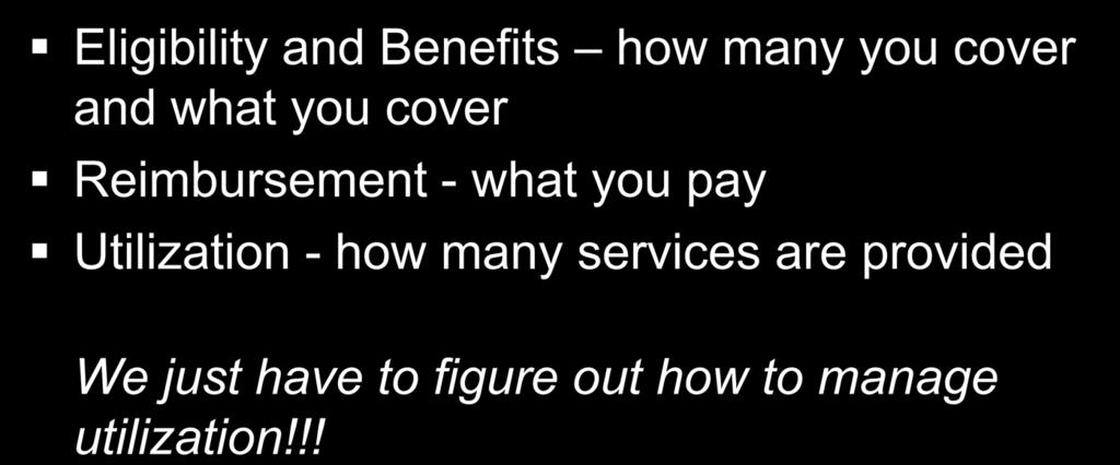 The Cost Equation Eligibility/Benefits + Reimbursement Rate + Utilization = Cost Eligibility and Benefits how many you cover and what