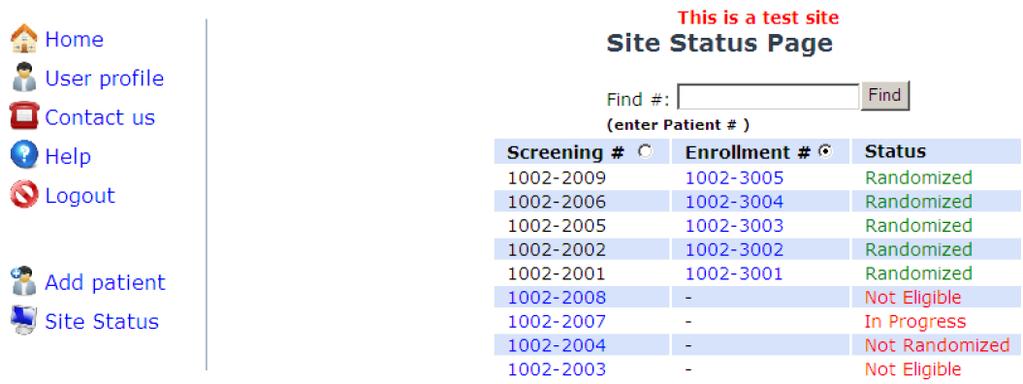 To enter data for a new patient, select the Add patient button on the bottom left of the screen. Each patient entered in the CRS will also have a status associated with it.