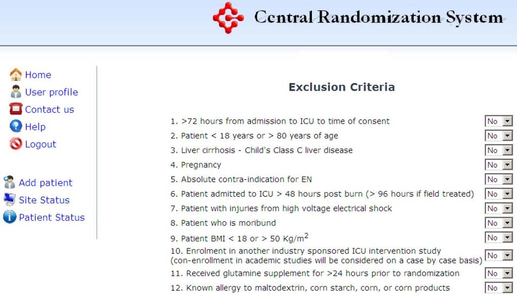 Complete the exclusion criteria fields as appropriate. Click on the drop-down boxes to select a Yes or No response for each criterion.
