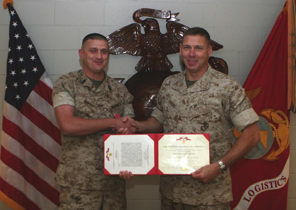 Christopher Combs, the Headquarters Company first sergeant, CLR-2, 2nd Marine Logistics Group, distinguished himself during the regiment s recent deployment to Afghanistan and was awarded the medal