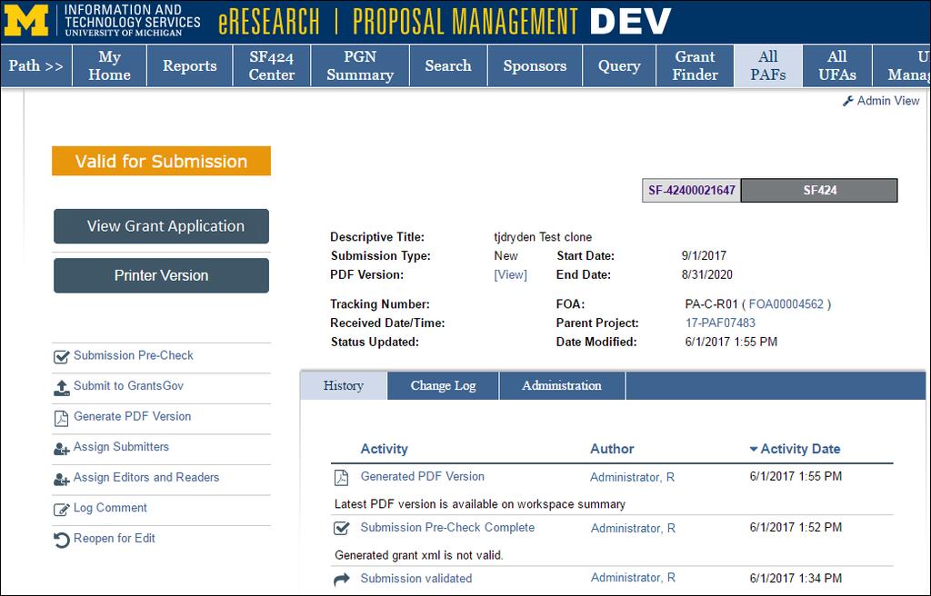Generate PDF Can View the PDF from the Grants.