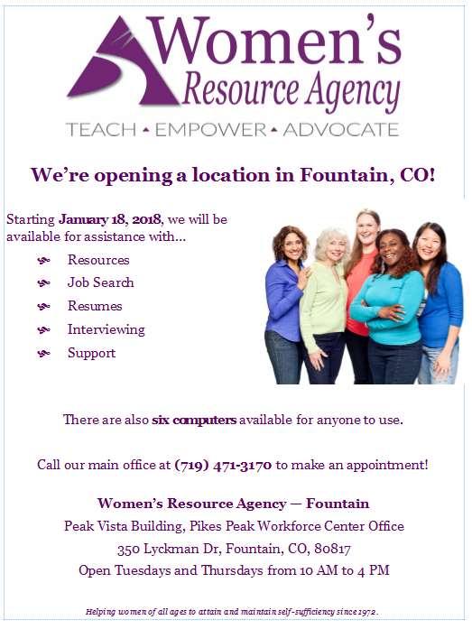 WOMEN S RESOURCE AGENCY OPENS FOUNTAIN LOCATION **This e-mail is for informational purposes only.
