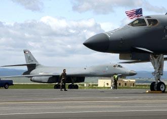 At right, a B-1B returns to its home base at Ellsworth AFB, S.D.