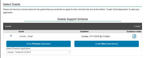7. Upon selecting to start a new application, the next page you will find is a list of the grants currently open along with the closing dates and an electronic copy of these guidance notes. 8.