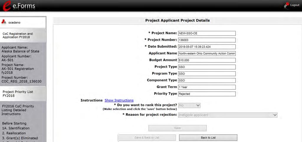 The following image shows the "Project Applicant Project Details" screen. It provides basic information on the Project Application that you selected for review.