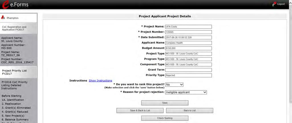 The following image shows the "Project Applicant Project Details" screen. It provides basic information on the Project Application that the Collaborative Applicant selected for review.