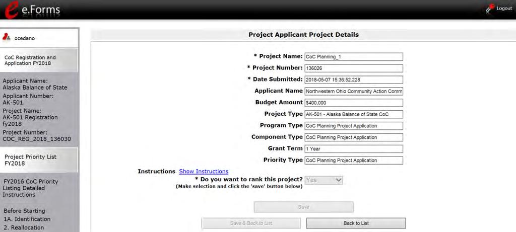 The following image shows the "Project Applicant Project Details" screen. It provides basic information on the Project Application that was selected for review. The first 10 fields are read-only.
