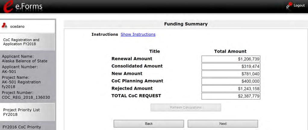 Funding Summary The "Funding Summary" screen contains the total amount requested by the CoC that will be submitted to HUD for funding consideration, along with a breakdown of the following: Renewal